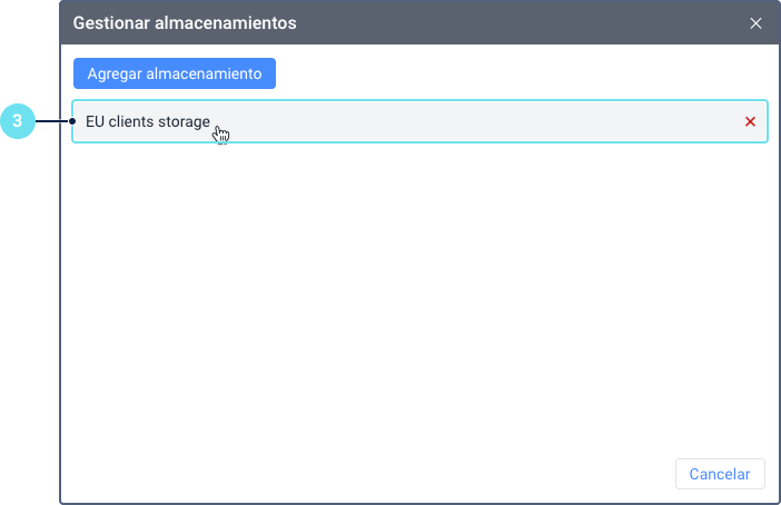 La ventana \'Gestionar almacenamientos\' que lista un almacenamiento
personalizado configurado. La llamada 3 resalta la fila para
\'Almacenamiento de clientes UE\', mostrando un cursor sobre ella y un
ícono de eliminación en el lado
derecho.