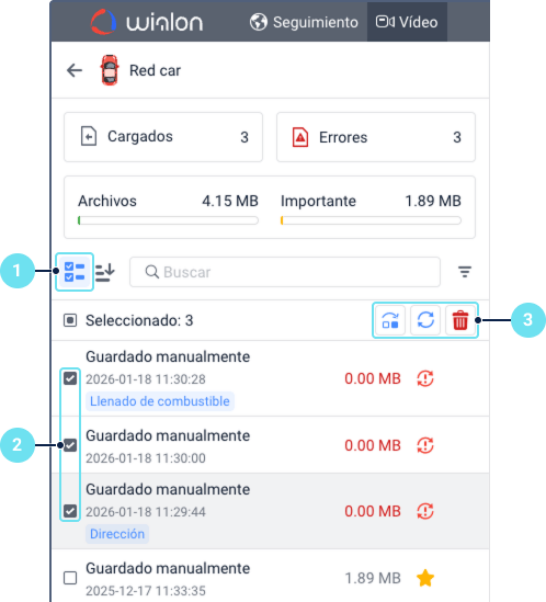La pestaña Vídeo de Maqsat para una unidad muestra llamadas
    numeradas: «1» para el modo de selección, «2» para casillas de
    verificación junto a cuatro archivos seleccionados y «3» para iconos
    de acciones masivas («omitir», «reintentar» y
    «eliminar»)