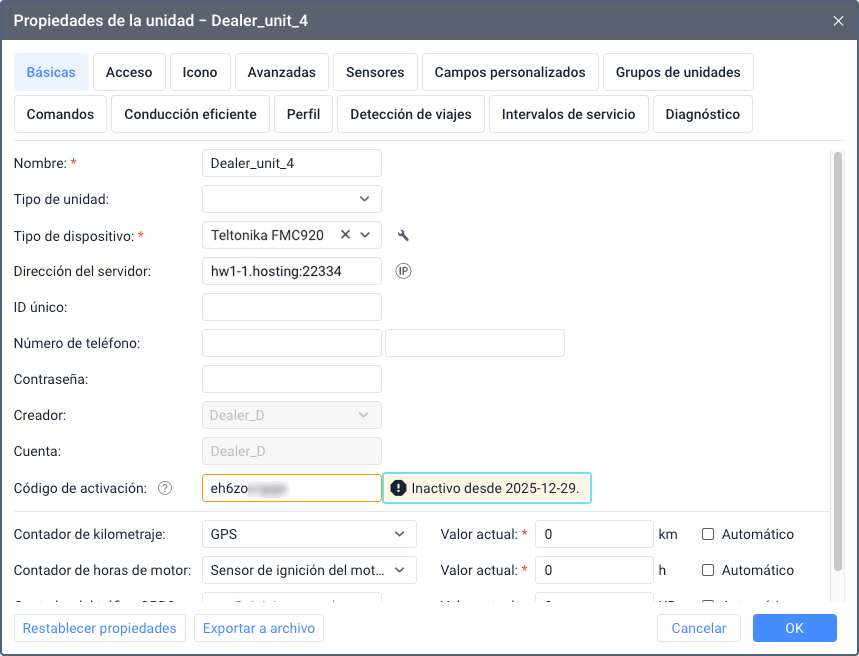 Diálogo de propiedades de la unidad que muestra el campo Inactivo
desde en texto naranja mostrando la fecha de expiración del código de
activación. La fecha aparece junto al campo Código de activación en la
interfaz de la pestaña
Básicas