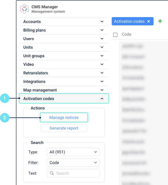 El panel de navegación de CMS Manager con la sección Códigos de
  activación expandida, mostrando el grupo Acciones con los enlaces
  Gestionar avisos y Generar informe, y el grupo Búsqueda con los campos
  Tipo, Filtro y Texto.