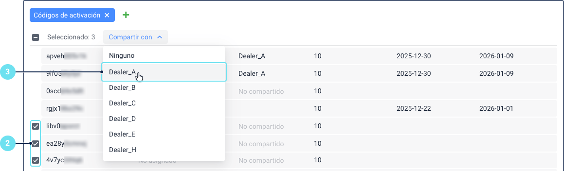 Sección \"Códigos de activación\" con múltiples códigos
    seleccionados. Las columnas Código, Unidad, Compartir con, Período
    de validez, Tiempo de activación y Tiempo de caducidad no son
    visibles. En su lugar, se muestra el número de códigos
    seleccionados. La columna Compartir con muestra una lista
    desplegable de cuentas, con una cuenta resaltada para indicar que
    está seleccionada.
