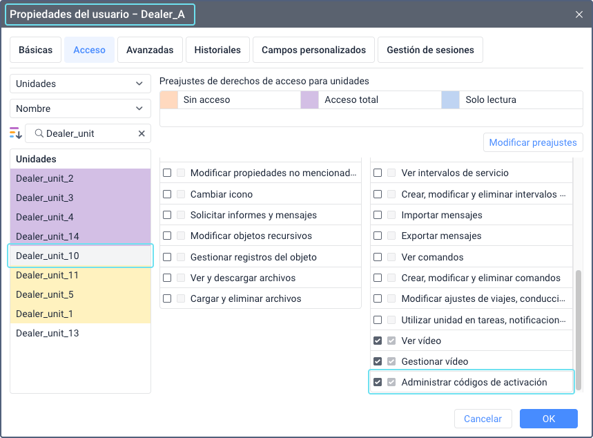 Ventana de propiedades de usuario en el CMS Manager con la pestaña
  Acceso abierta. El derecho de acceso Administrar códigos de activación
  está habilitado para una unidad, indicado por una casilla marcada.
  Otros derechos de acceso se enumeran en formato de
  tabla.