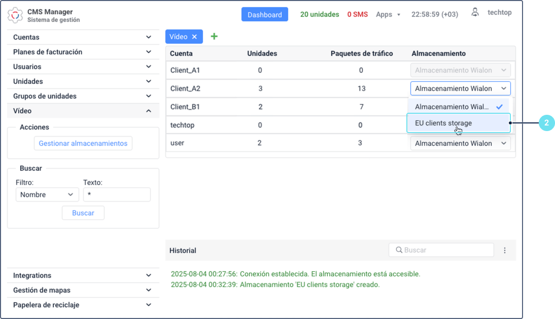 El proceso de asignar un almacenamiento personalizado en la pestaña
Vídeo. La llamada 2 señala la columna \'Almacenamiento\', donde un
usuario está seleccionando \'Almacenamiento de clientes UE\' de un menú
desplegable abierto para una
cuenta.