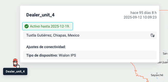 Información sobre herramientas de unidad en el sistema de rastreo
  mostrando la fecha de
  desactivación