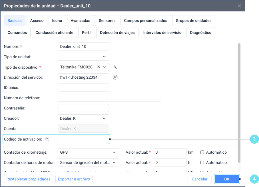 Diálogo de propiedades de la unidad que muestra un campo de Código
    de activación vacío. El campo aparece como un cuadro de texto en
    blanco dentro de la interfaz de configuración de la pestaña Básicas.
    Otros campos de configuración son visibles pero no están en
    foco.