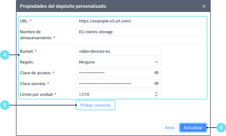El formulario \'Propiedades del almacenamiento personalizado\' para
  editar los detalles de un almacenamiento. La llamada 4 señala el
  bloque de campos de configuración editables. La llamada 5 resalta el
  botón \'Probar conexión\', y la llamada 6 resalta el botón
  \'Actualizar\' usado para guardar
  cambios.