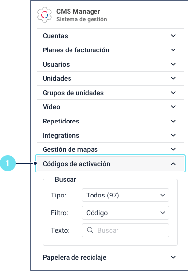 Barra de navegación en la interfaz de CMS Manager con la opción
    \"Códigos de activación\"
    resaltada.