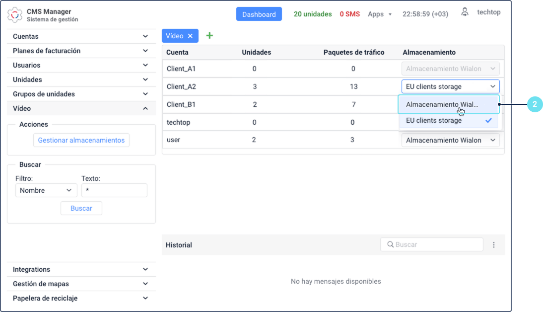 Proceso de desvinculación de un almacenamiento personalizado en el CMS
Manager. En la pestaña \'Vídeo\', una tabla muestra una lista de
cuentas. Para la cuenta \'Client_B1\', el usuario selecciona
\'Almacenamiento de Maqsat\' en el menú desplegable de la columna
\'Almacenamiento\', para cambiar la selección anterior de \'EU clients
storage\'.