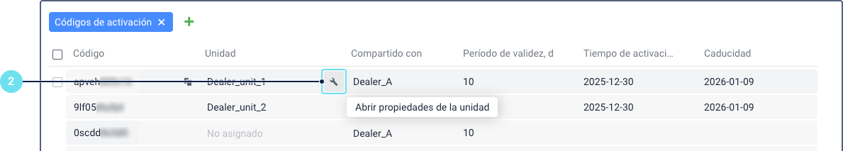Ventana de Códigos de activación que muestra un icono de llave
  inglesa en el que se puede hacer clic resaltado en azul para indicar
  que se puede usar para abrir las propiedades de la
  unidad