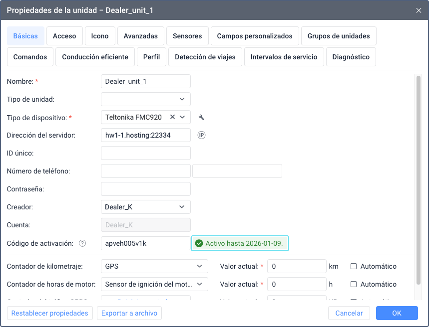 Diálogo de propiedades de la unidad que muestra el campo Activo
  hasta en texto verde mostrando la fecha de expiración del código de
  activación. La fecha aparece junto al campo Código de activación en la
  interfaz de la pestaña
  Básicas