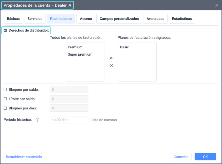 Ventana de propiedades de la cuenta abierta en la pestaña
    Restricciones en el CMS Manager. La opción Derechos de distribuidor
    es visible con una casilla marcada, indicando que está habilitada.
    Otras opciones y configuraciones se enumeran en formato de
    tabla.
